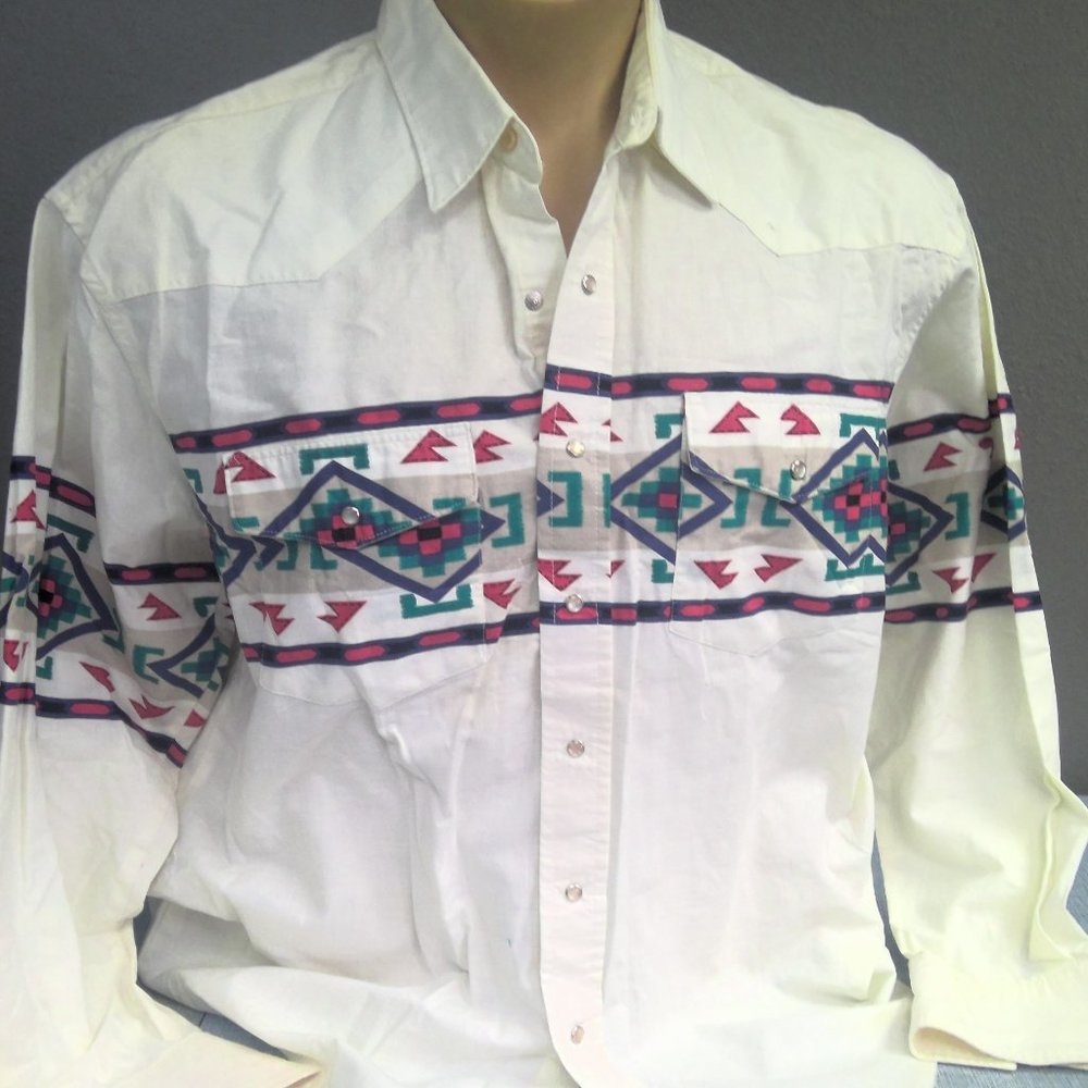 Vintage Express Riders Pearl Snap Shirt Long Sleeve Aztec Print Men's XL